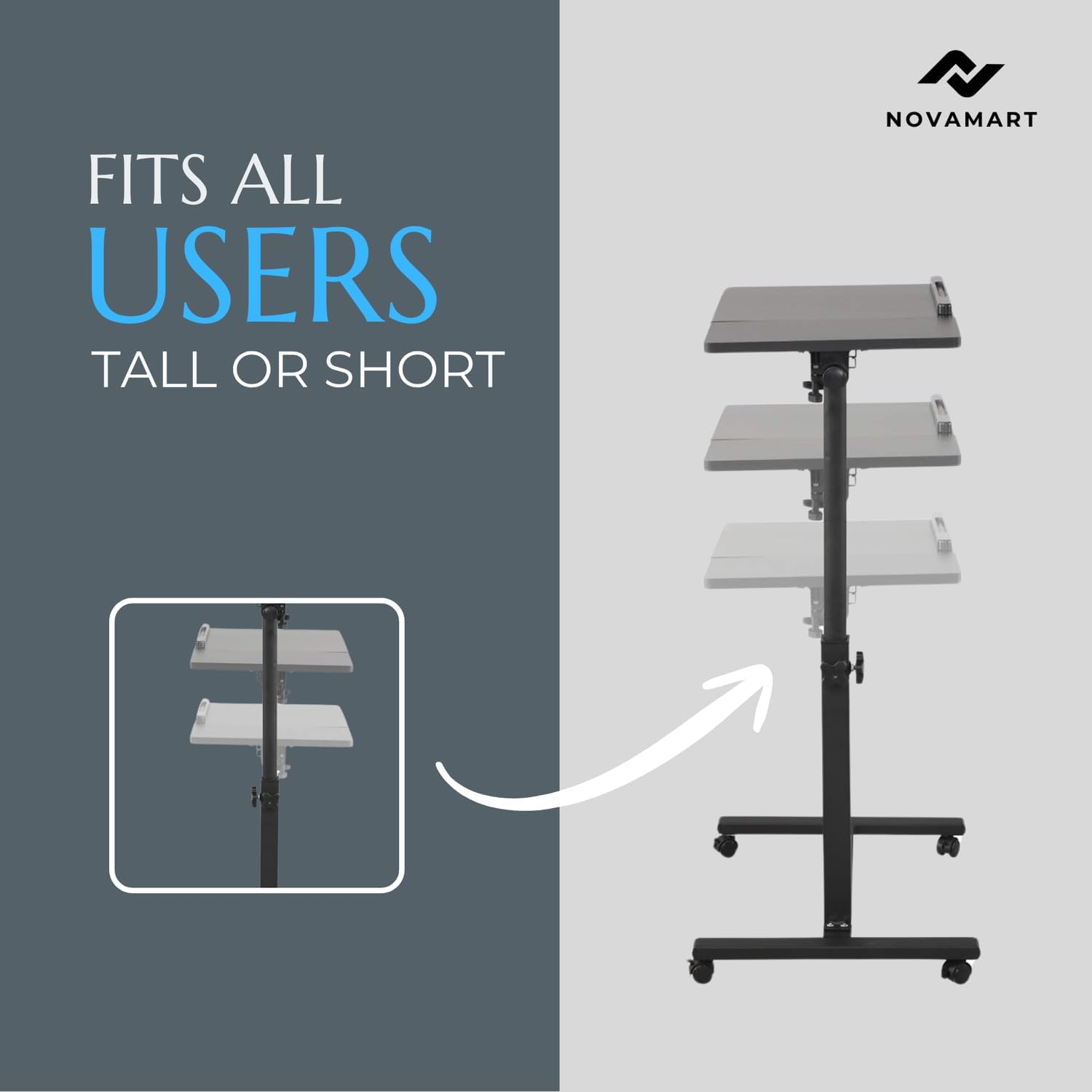 Work from Home Working Station – Height Adjustable Laptop Desk (58–90cm) with MDF Tabletop & Steel Frame | Rolling Mobile Desk for Home Office, Study, or Small Spaces – Black