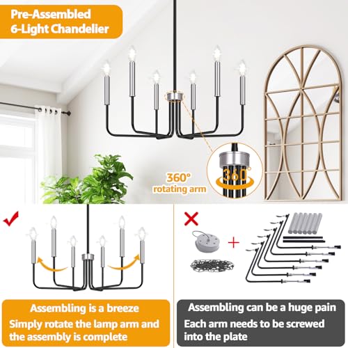 6-Light Farmhouse Chandelier for Dining Room Lighting Fixtures Hanging, Black and Silver Dining Light Fixtures Industrial Chandelier for Bedroom, Foyer, Hall, Kitchen, Living Room and Entryway
