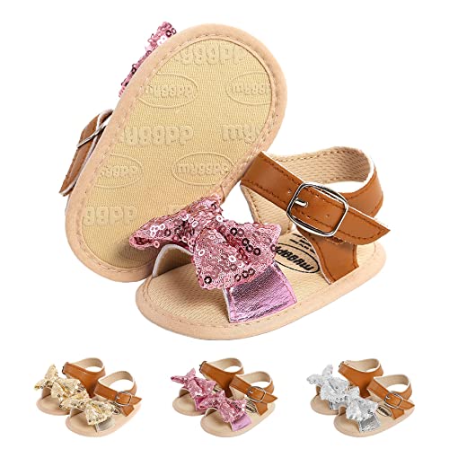 Image of Neband Baby Girls' Sandals, Infant Toddler Sandals Boys Girls First Walker Crib Dress Shoes Anti-Slip Rubber Sole Princess Flat Sandals with Flower Bowknot Premium Summer Casual Beach Shoes