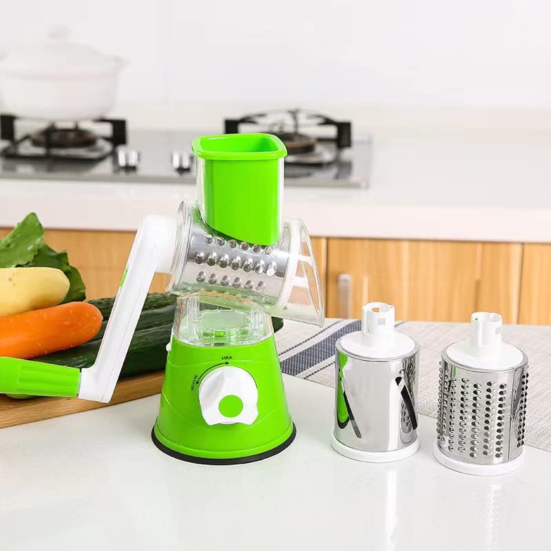 Cheese Grater with Handle, Manual Cheese Shredder with 3 Interchangeable Blades, Rotary Cheese Grater Handheld with Strong Suction Base, Vegetable Slicer for Fruit, Nuts, Chocolate