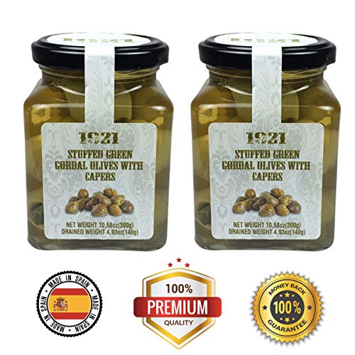 Two Pack Spanish Stuffed Olives With Capers 10.58oz | Gourmet Stuffed Olives Imported | Premium Class 80/100 Spanish Olives | Olives Pitted