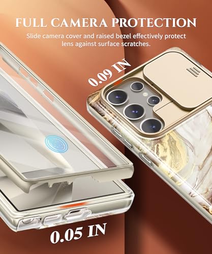 Image of GVIEWIN for Samsung Galaxy S24 Ultra Case, [Slide Camera Cover & Built-in HD Screen Protector] [2 Front Frames] Shockproof Military Grade Protective Marble Phone Case for S24 Ultra 6.8 inch(Topaz /Grey)
