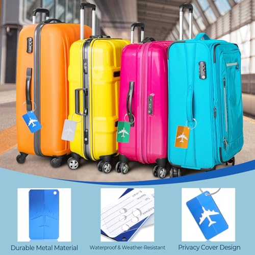 O OLAX 6 Stück Kofferanhänger Aluminium – Gepäckanhänger in 6 Farben mit Adressschild & Edelstahldraht, Namensschilder für Koffer, Rucksack, Reisetasche, Luggage Tags für Flugreise