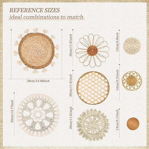 Boho Wall Basket Decor Set of 8 - Flat Woven Basket Wall Hanging Decor,Round Tassels White Macrame Tapestry Wall Decor Art,Handmade Rattan Wicker Seagrass Home Wall Baskets Decor(Boho Classic) - Image 3