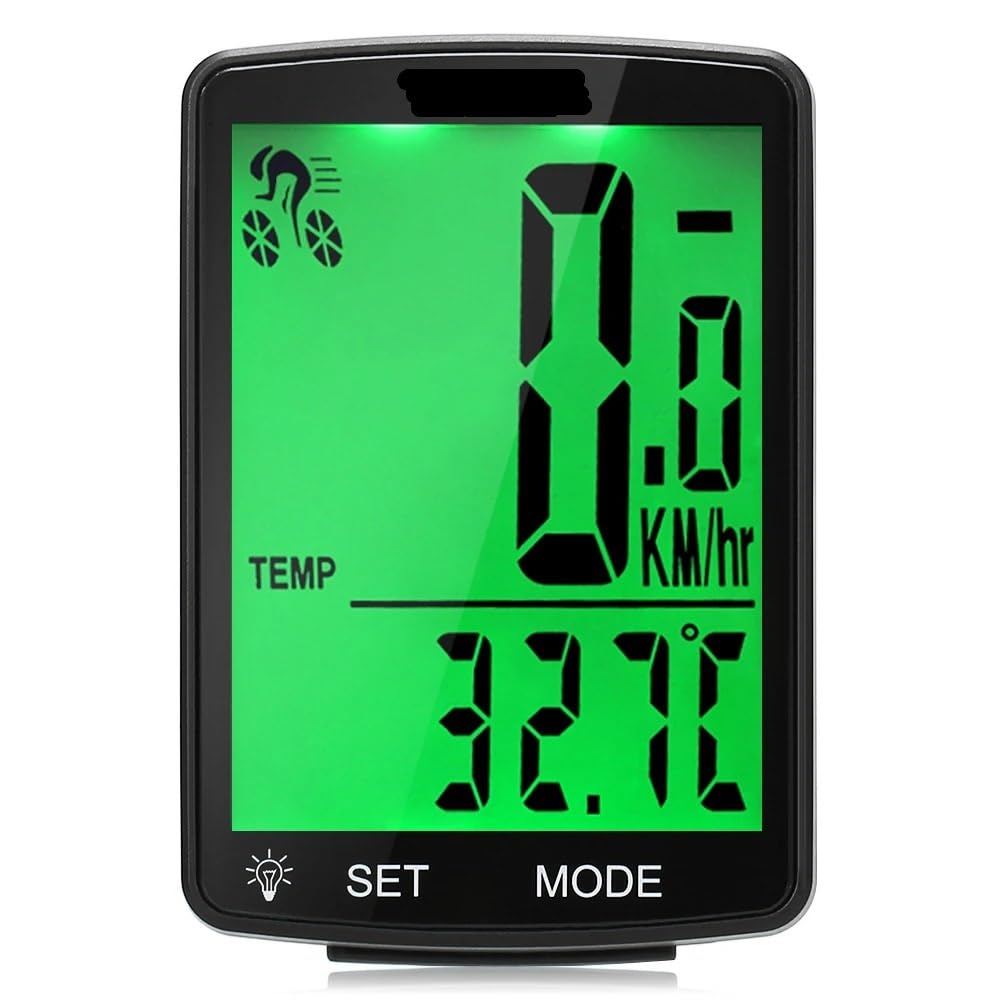 Contachilometri Bici Tachimetro for Bici Wireless Contachilometri Ciclo Impermeabile Cronometro a Temperatura misurabile Ciclocomputer(Black Green Backligh)