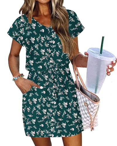 Image of AUSELILY Womens Summer Mini Dress, Short Sleeve V Neck Drawstring Casual | Soft smooth drape with an adjustable drawstring waist for beach, casual outings and daily wear