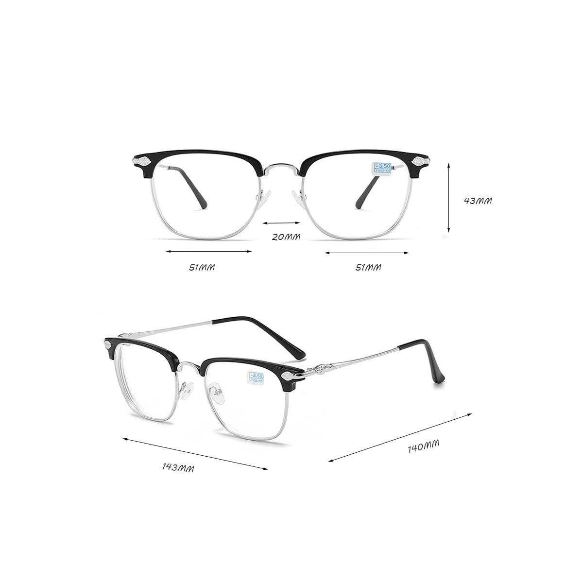 Gafas de miopía para miopía de miopía -6.00 elegantes anteojos clásicos retro con marco de metal plateado, plateado, -6.00