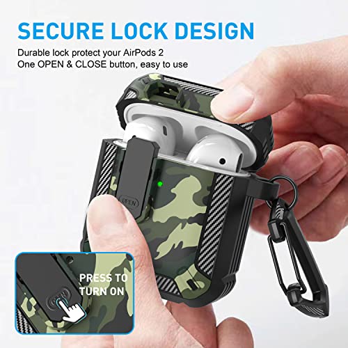 Image of Maxjoy for AirPods 2nd Generation Case Cover, AirPods Case with Lock Gen 2 Hard Shell Rugged Shockproof Protective Cover with Keychain Cleaner Kit Compatible with Apple AirPods2 AirPods1, Green Camo