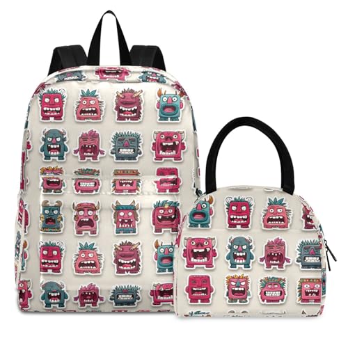 Cute Tiki Pattern Print Backpack Set with Lunch Bag, Large Capacity Travel Backpacks and Lunch Box Insulated for Commute Hiking Picnic