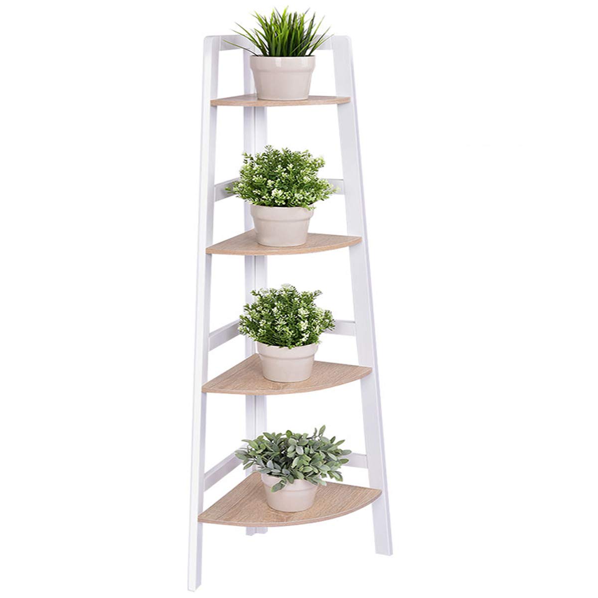 GIANTEX Scaffale Angolare, Supporto per Oggetti a 4 Livelli in Legno con Protezione Anticaduta, per Soggiorno/Bagno/Studio, Bianco
