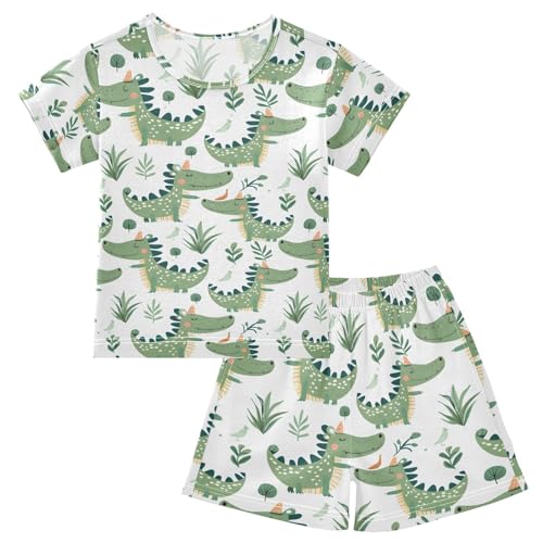 ALAZA Crocodile Leaves Cartoon Pajamas Short Sleeve 2 Piece Sleepwear Top and Bottom Pajama Set Unisex