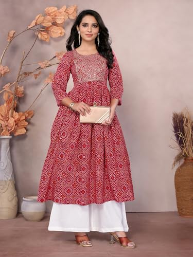 Image of rangita Women Rayon Regular Fit Embroidered Calf Length Anarkali Kurti | Kurta