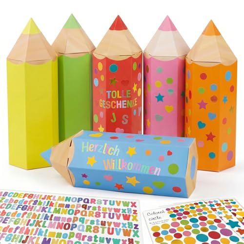 COMOOKA Kleine Schultüte Junge & Mädchen - 12 Stück Mini Zuckertüten in Buntstift Form - Geschwister Schultüte Bastelset mit Buchstaben Sticker - Geschenkverpackung zur Einschulung (20x7.5cm)