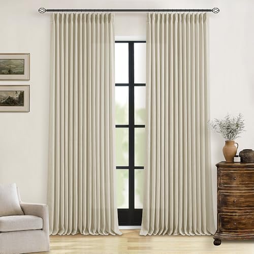 Image of 92 Inch Beige Linen Curtains 2 Panels Set Pinch Pleated for Living Room Bedroom Memory Training Shaped Semi Sheer Neutral Tan Flax Burlap Pleat Drapes Hooks Rings Light Filtering Window Curtain