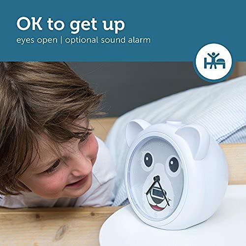 Zazu Bobby the Bear with eyes open, positioned next to an awake child, indicating wake-up time.