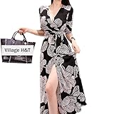 [Village H&T] ワンピース ドレス レディース ラップワンピース フレアワンピース ロング 花柄ワンピース レディース Vネック マキシ フェミニン 美シルエット 着やせ 高見え 長袖 562-86 (2XL, ブラック#4)