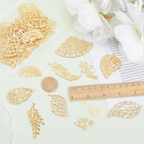 SUNNYCLUE 1 Box 88Pcs Gold Filigree Charms Filigree Leaf Charm Filigree Metal Charms Hollow Leaves Charms Filigree Connector Charms Filigree Connectors for jewellery Making Charms DIY Earring Bracelet - Image 3