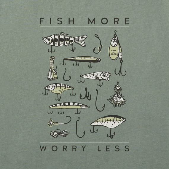 Life is Good Men's Fish More Worry Less Hooks and Tackle Short Sleeve Crusher Tee (XX-Large, Moss Green)2