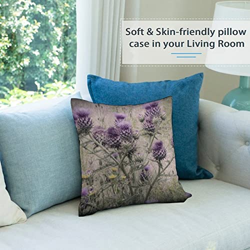 Akame Purple Thistle Flowers Yellow Daisies Throw Pillow Cover Cozy Square Throw Pillowcases Home Decorative For Bed Couch Sofa Living Room Cushion Cover 18 Inch X18 Inch, One Size #TOP2