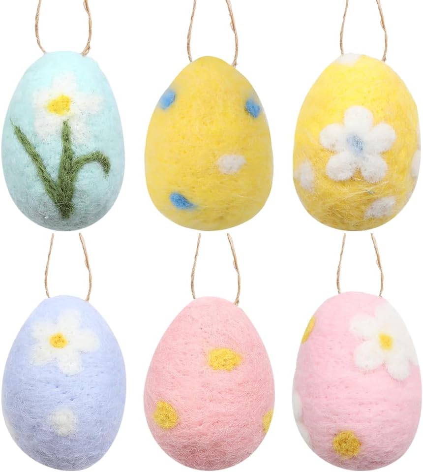 6 Pcs Flower Pattern Felted Easter Eggs Wool Felt Egg Ornaments Cute Dot Hanging Eggs Multi Colored Egg Decor Pastel Color Easter Decorations for Tree Branches