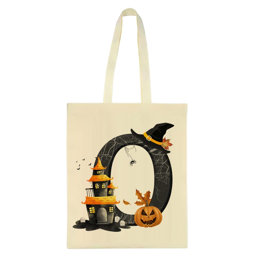 Halloween Initial Tote Bags Gifts for Girl, Trick or Treat Bag, Halloween Letter Bag, Pumpkin Party, Reusable Bag, Shopping Bag, Natural Tote Bag. (O)