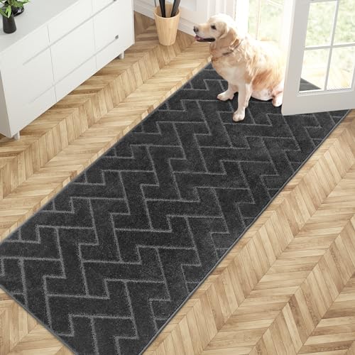 PURRUGS Dirt Trapping Door Mat 32" x 70", Non-Slip Machine Washable Entry Rug, Shoe Scraper, Dog Doormat, Super Absorbent Welcome Mat for Front & Back Door, Muddy Wet Shoes & Paws, Charcoal