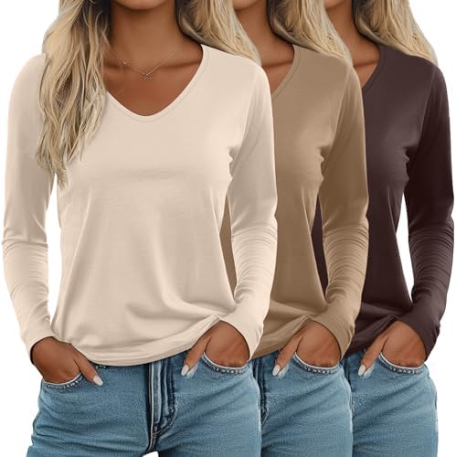 Ficerd 3 Pack Women's Long Sleeve T Shirts, V Neck Basic Tops Fal...