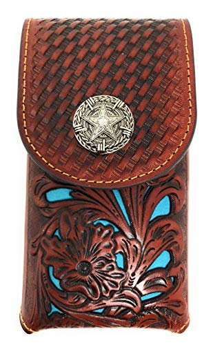 Texas West Western Cowboy Tooled Floral Leather Lone Star Concho Belt Loop Medium Cell Phone Holster Case (Brown/Turquoise)