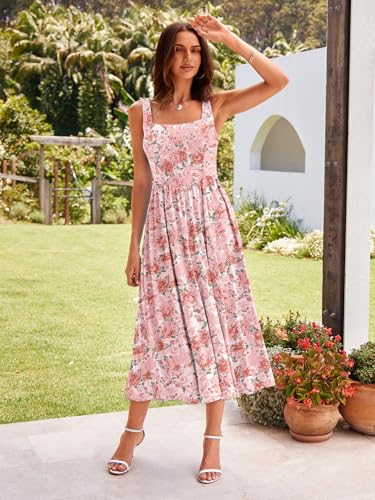 Image of Sureple Midi Dresses for Women 2026 Spring Square Neck Tank Sleeveless A Line Casual Summer Sundresses with Pockets