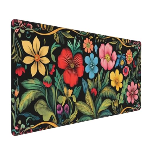 Tapis de Souris de Jeu, 1200x400x3mm XXL Tapis Souris Gaming Grande, Améliore la précision et la Vitesse, Bureau Antidérapant Étanche, sous Main à Bords Cousus Ordinateur Feuilles de Fleurs J-6397