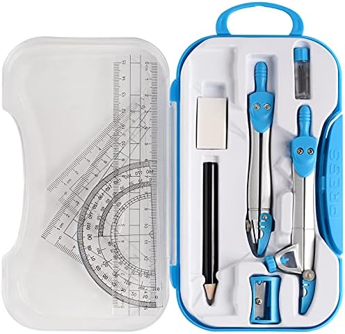 Geometry Kit, ZOOZE 10-Piece Math Tool Kit with Compasses, Protractor, Pencil, Eraser, Sharpener, Set Square, Triangle, 6” Ruler, Lead Refills, Storage Box