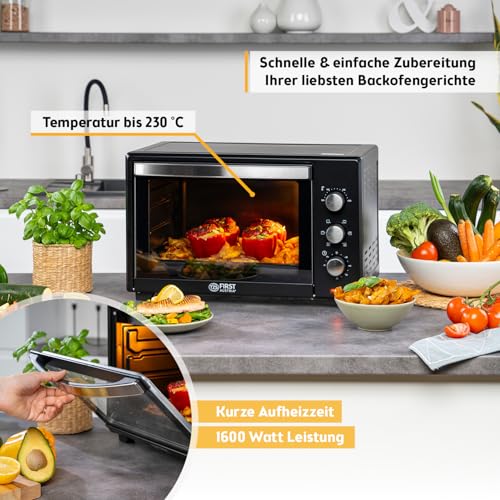 TZS First Austria - Minibackofen 35L 1600W - Mini Backofen Pizzaofen stufenlose Temperaturregelung bis 230°C & Antihaftbeschichtung - Miniofen 60 Min. Timer, 3 Einschubhöhen, Backblech & Grillrost – Bild 3