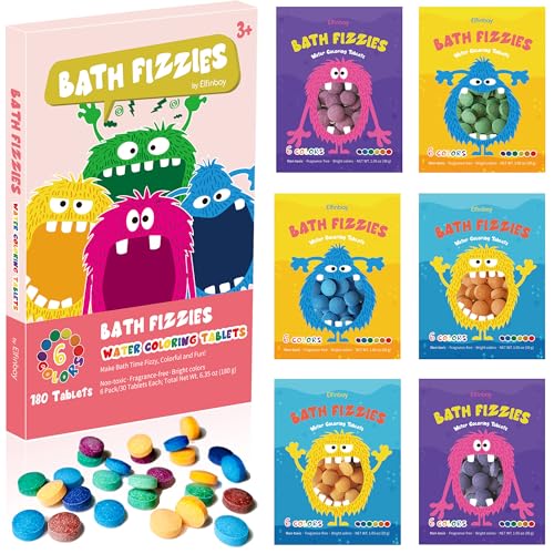 Bath Color Tablets for Kids 180 Count Color Changing Bath Fizzies for Kids Boys Girls (6 Pack 30 Tablets Each) Fizzy Water Color Drops for Bathtub in 6 Bright Colors Non-Toxic & Fragrance Free
