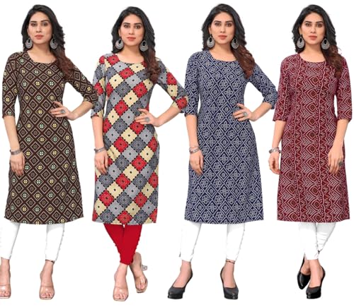 Image of JAKHANA Women's Crepe Printed Casual Straight Calf Length Round Nick Kurta Pack of 4