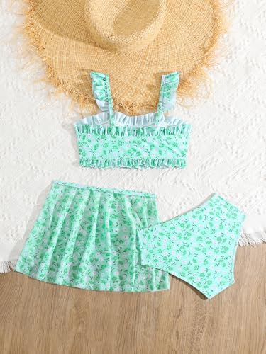 Image of Girl's 3 Piece Floral Shirred Bikini Swimsuit with Skirt Cover Up Bikini Set Bathing Suit Cyan 140