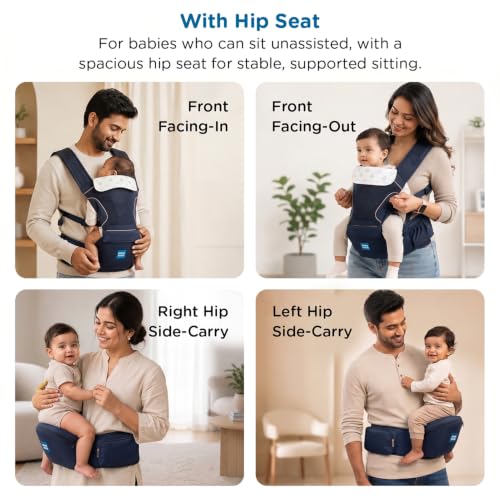 Image of Mee Mee Vistara Gold 6-in-1 Baby Sling Carrier with Hip Seat | Ergonomic Lumbar Support | Premium Gold Finish | Breathable Mesh Fabric | Adjustable & Secure for Newborns to Toddlers (Up to 15 kg, Darkblue)