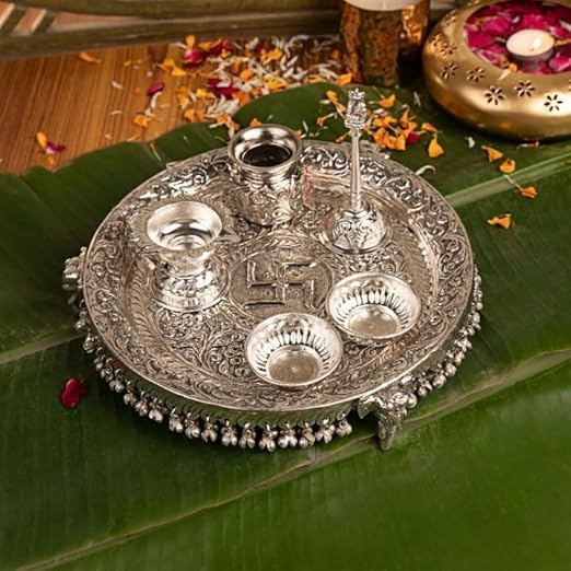 MLS HANDICRAFTS German Silver Pooja Aarti/Thali with Full Ghungro...