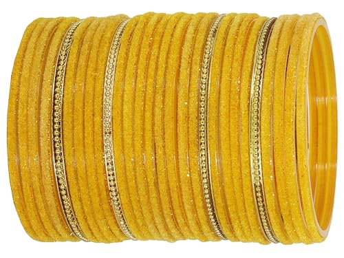 Image of NMII Glass Bangles For Women and Girls with Velvet and Golden Ballchain Linked | Plain Glass Bangles | Velvet Chudi Set | Bangles For Women | Stylish Glass Chudi Bangles- Set of 28