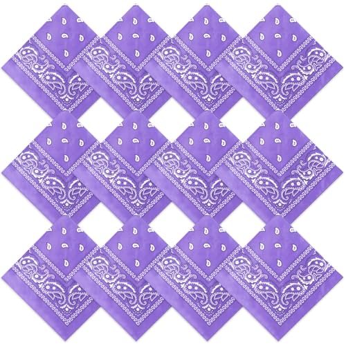 Suhine 12 Pcs Bandanas Bulk for Women Men 22 x 22 Inch Paisley Headband Cowboy Handkerchief Summer Beach Party Costume(Light Purple)