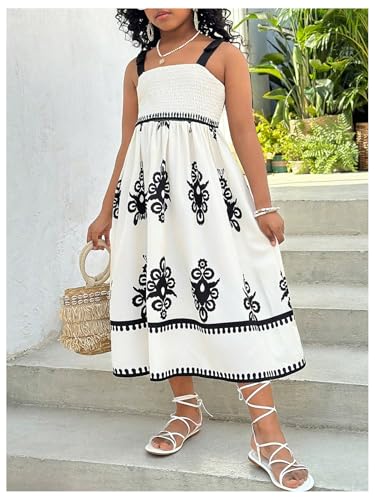 Floerns Girl's Summer Boho Tie Shoulder Square Neck Dress Shirred A Line Flared Long Dress Beach Sundress4