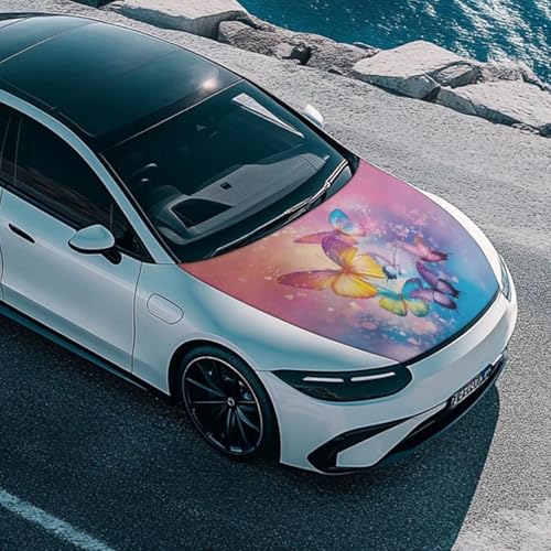 Image of Colorful Butterfly Print Car Hood Cover Stretch Polyester Car Hood Protector Washable Car Decorative Accessories Easy Installation for Women Ladies Cars Sedans SUV