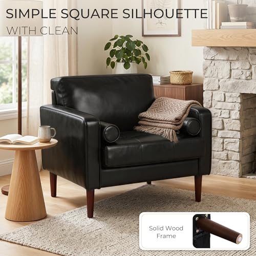 Image of Faux Leahter Accent Chair, Comfy Upholstered Armchairs for Living Room, Modern Bedroom Reading Seat with 2 Bolster Pillows, Black