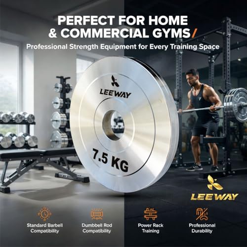 Image of Leeway Calibrated Steel Weight Plates (7.5kg x 2) | 51mm Olympic Barbell Plates for Home Gym & Powerlifting | Solid Steel Construction | Gym Weights for Strength Training & Workouts (Chrome, 7.5kg)