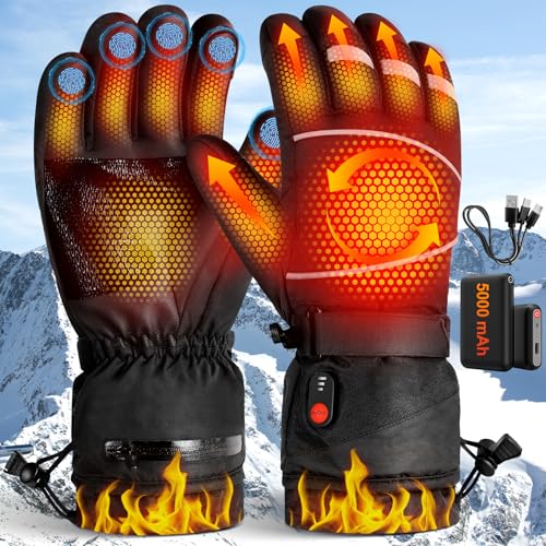 LanBlu Guanti Riscaldati Ricaricabili USB, 2*5000mAh Batteria Guanti Riscaldabili Donna Uomo con 3 Livelli di Riscaldamento, Touchscreen Impermeabili Guanto Riscaldati Moto per Invernali Sci Ciclismo