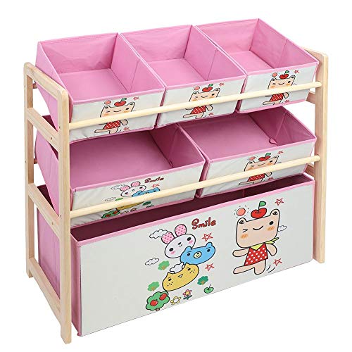 SIXRUN Caja de Almacenamiento Respetuosa del Medio Ambiente de los Niños del Estilo de la Historieta del Estante del Almacenamiento del Juguete de Madera Rosado de la Calidad