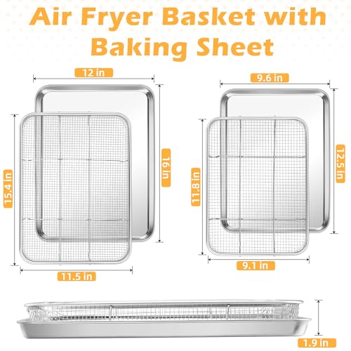 TeamFar Air Fryer Basket for Oven, 2 Set Stainless Steel Air Fryer Basket and Tray, 16”x12” & 12.5”x9.6” Oven Air Fryer Rack with Baking Pan for Cooking Baking Broiling Grilling, Dishwasher Safe