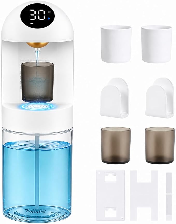 Automatic Mouthwash Dispenser for Bathroom, 20.3 oz Touchless Electric Wall Mounted Mouth Wash Dispenser with 4 Magnetic Cups, 4 Modes, LED Display, Bathroom Accessories Set for Kids and Adults
