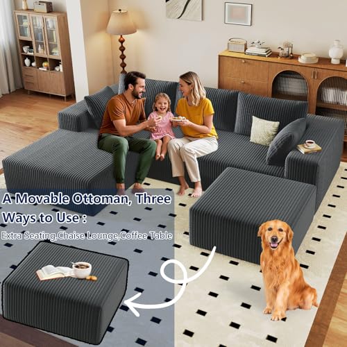 Image of 96 inch Modular Sectional Sofa with Ottoman, Modern Corduroy Cloud Couch with Deep Seat, Boneless Couch Upholstered 3-Seater U-Shaped Sofa for Living Room, No Assembly (Grey, Left-Facing Chaise)