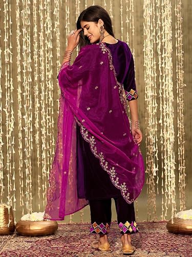 Image of TRENDMALLS Women's Velvet Embroidery Salwar Suit Set Kurta Pant with Dupatta
