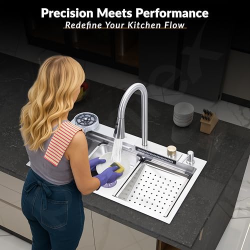 Image of Plantex 304 Grade Stainless Steel Kitchen Sink /Waterfall Kitchen Sink with Anti-Scratch Design /Sink with Pull-Down Faucet - (30 X 18 X 10 Inch, Matt)